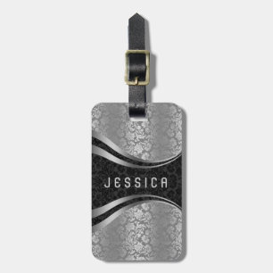 Elegant Black & Silver Floral Damasks Pattern Luggage Tag