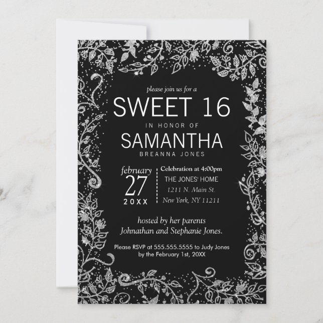 Elegant Black Silver Floral Glitter Sweet 16 Invitation (Front)