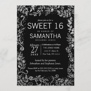 Elegant Black Silver Floral Glitter Sweet 16 Invitation