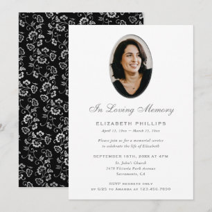 Elegant Black Silver Floral Photo Memorial Invitation