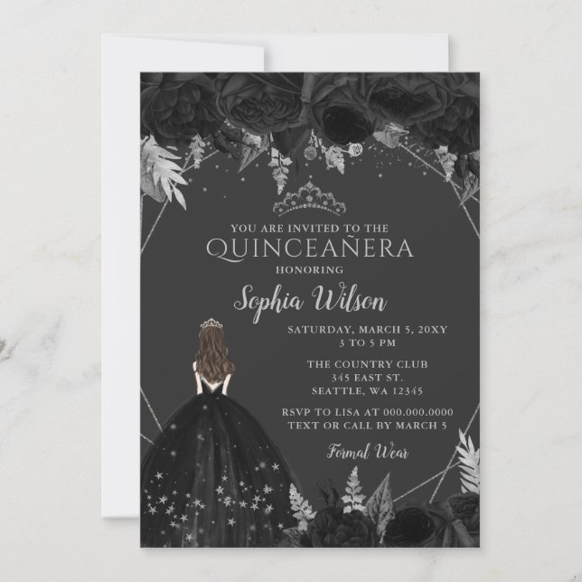 Elegant Black Silver Floral Princess Quinceañera   Invitation (Front)
