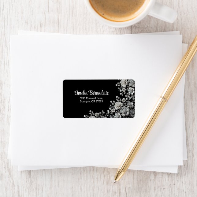 Elegant Black & Silver Floral Return Address Label (Insitu)