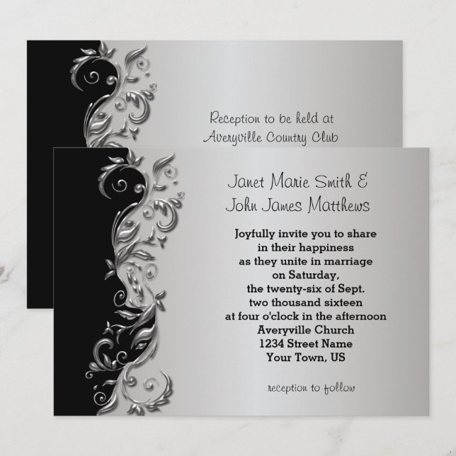 Elegant Black & Silver Floral Wedding Design Invitation (Front/Back)