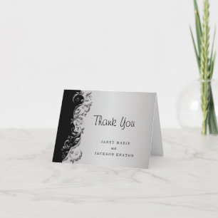 Elegant Black & Silver Floral Wedding Thank You Card