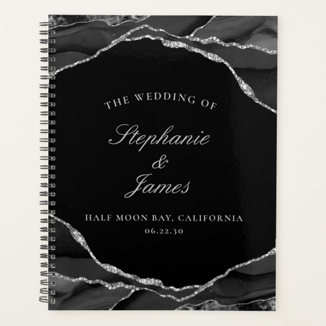 Elegant Black Silver Foil Agate Photo Wedding Planner (Front)