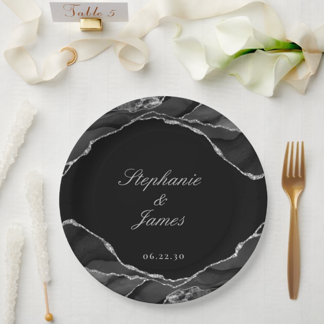 Elegant Black Silver Foil Agate Wedding Paper Plate (Wedding)