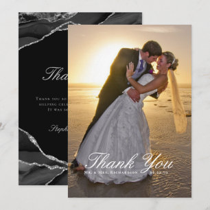 Elegant Black Silver Foil Agate Wedding Photo Thank You Card