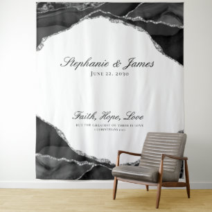 Elegant Black Silver Foil Agate Wedding Tapestry