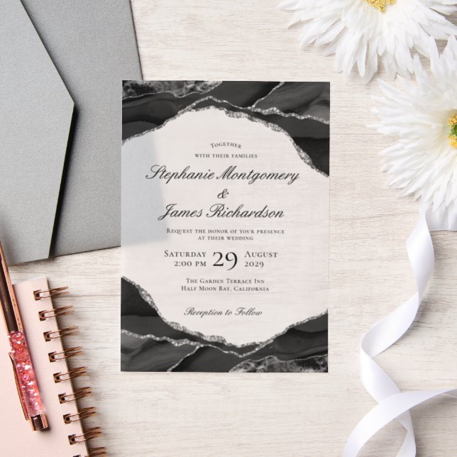 Elegant Black Silver Foil Agate Wedding Vellum Invitations (Wedding)