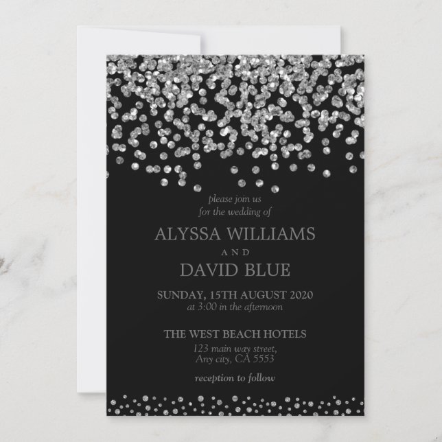 Elegant Black Silver Foil Confetti Modern Wedding Invitation (Front)