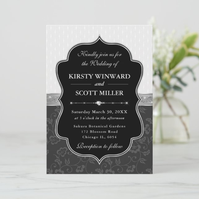Elegant Black Silver Frame Floral Wedding Invitation (Standing Front)