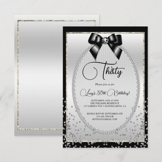 Elegant Black, Silver Gem Bow & Confetti Birthday Invitation (Front/Back)