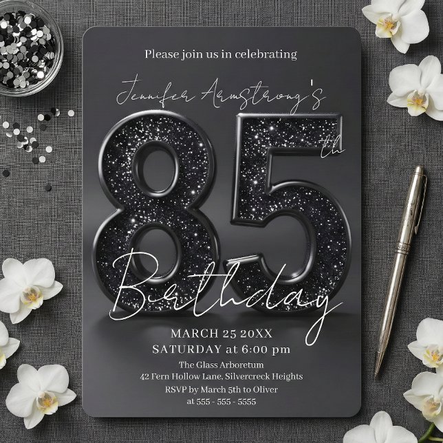 Elegant Black Silver Glitter 85th Birthday Party Invitation (Creator Uploaded)
