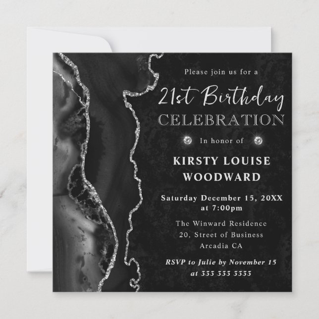 Elegant Black Silver Glitter Agate 21st Birthday Invitation (Front)