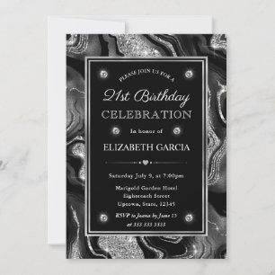 Elegant Black & Silver Glitter Agate 21st Birthday Invitation