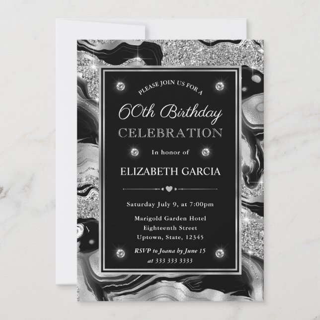 Elegant Black & Silver Glitter Agate 60th Birthday Invitation (Front)