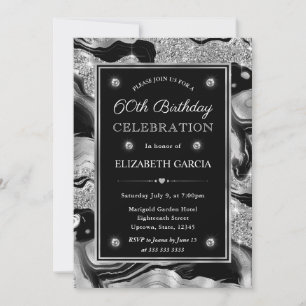 Elegant Black & Silver Glitter Agate 60th Birthday Invitation