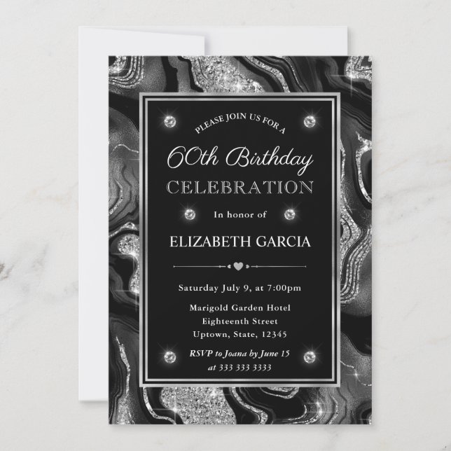 Elegant Black & Silver Glitter Agate 60th Birthday Invitation (Front)