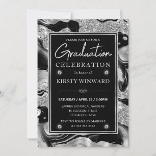 Elegant Black & Silver Glitter Agate Graduation Invitation
