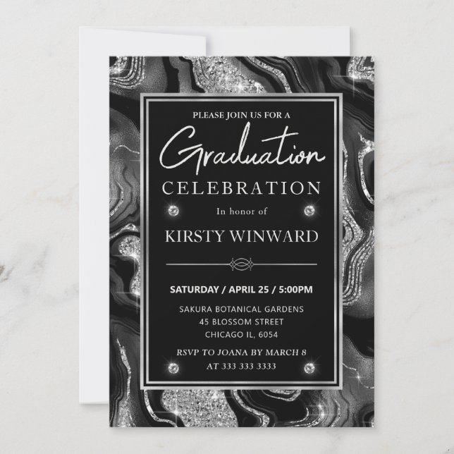 Elegant Black & Silver Glitter Agate Graduation Invitation (Front)