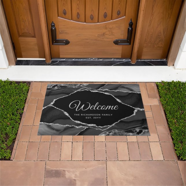 Elegant Black Silver Glitter Agate Personalised Doormat (Outdoor)