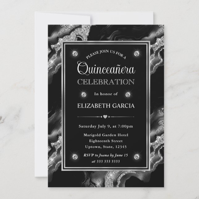 Elegant Black & Silver Glitter Agate Quinceanera Invitation (Front)