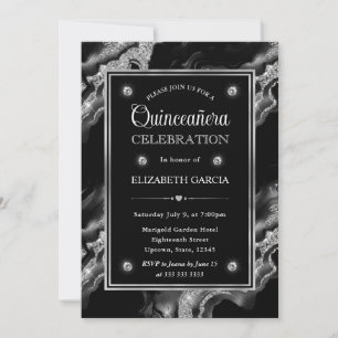 Elegant Black & Silver Glitter Agate Quinceanera Invitation