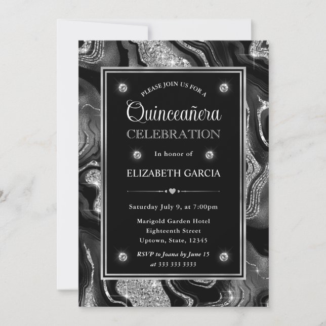 Elegant Black & Silver Glitter Agate Quinceanera Invitation (Front)