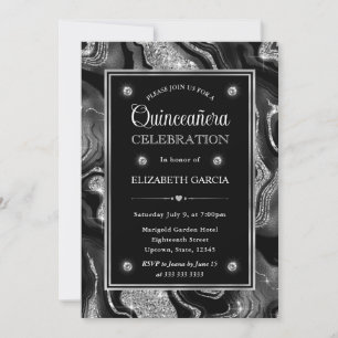 Elegant Black & Silver Glitter Agate Quinceanera Invitation