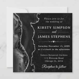 Elegant Black Silver Glitter Agate Wedding Invitation
