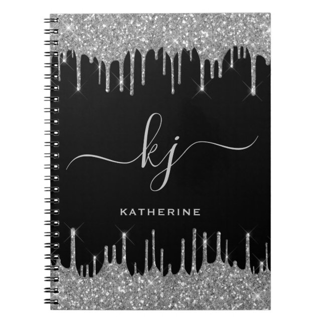 Elegant Black Silver Glitter Drips Monogram Script Notebook (Front)