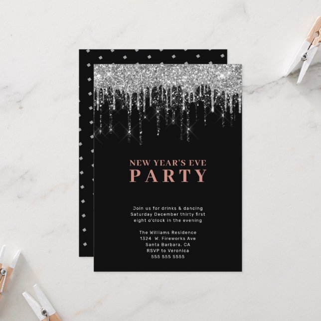 Elegant Black Silver Glitter Drips New Years Eve Invitation (Front/Back In Situ)