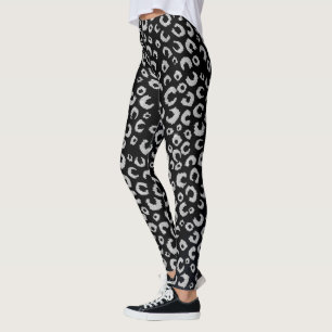 Elegant Black Silver Glitter Leopard Animal Print Leggings