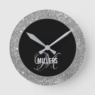 Elegant black silver glitter monogram family name  round clock