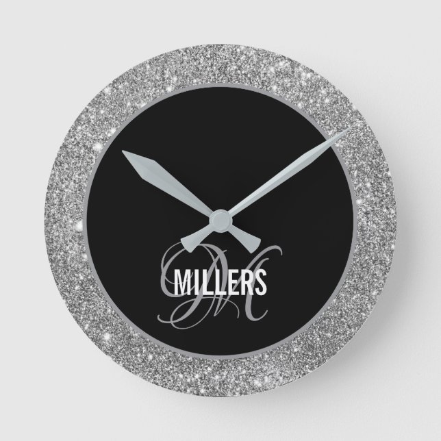 Elegant black silver glitter monogram family name  round clock (Front)