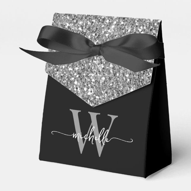  Elegant Black Silver Glitter Monogram Name Script Favour Box (Front Side)
