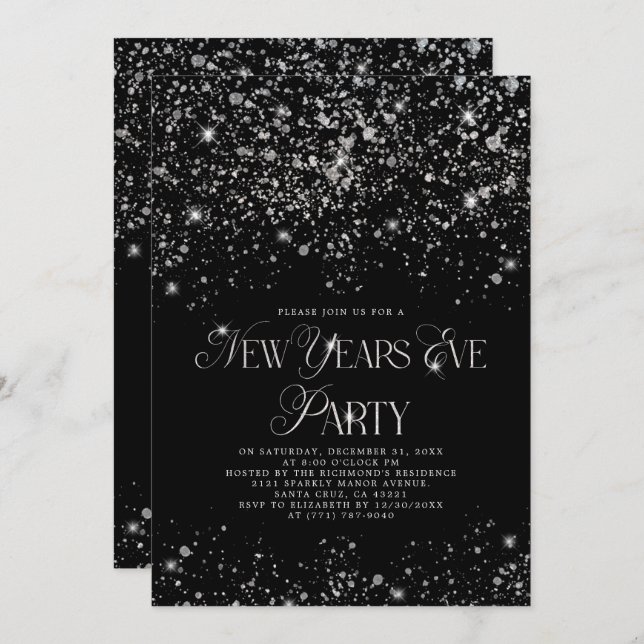 Elegant Black Silver Glitter New Years Eve Party Invitation (Front/Back)
