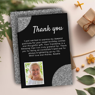 Elegant Black Silver Glitter Photo Birthday Thank You Card