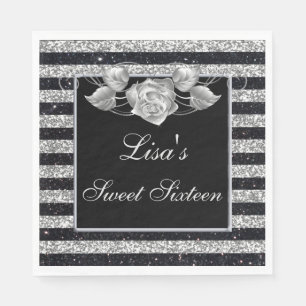 Elegant Black Silver Glitter Silver Rose Sweet 16 Napkin