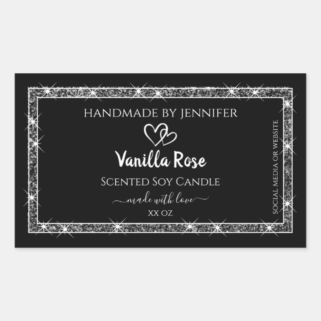 Elegant Black Silver Glitter Stars Product Labels (Front)