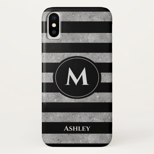 Elegant Black Silver Glitter Striped Monogram Case-Mate iPhone Case (Back)