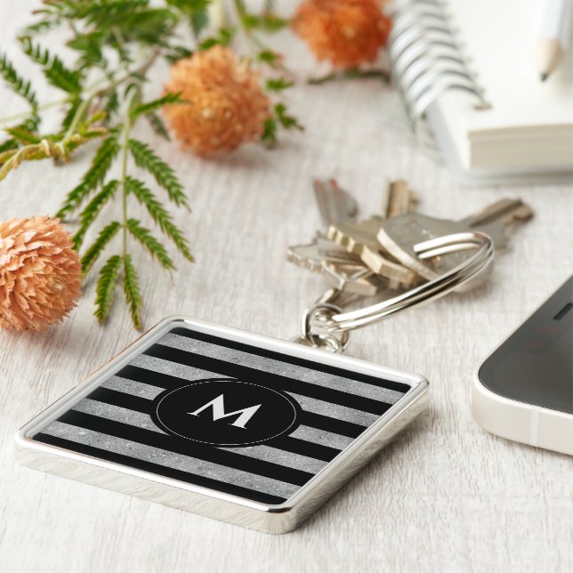 Elegant Black Silver Glitter Striped Monogram Key Ring (Side)