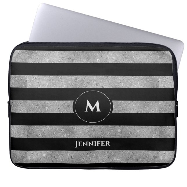 Elegant Black Silver Glitter Striped Monogram Laptop Sleeve (Front)