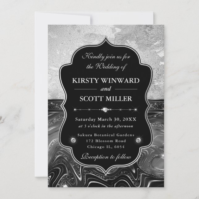 Elegant Black & Silver Glitter Wedding Invitation (Front)