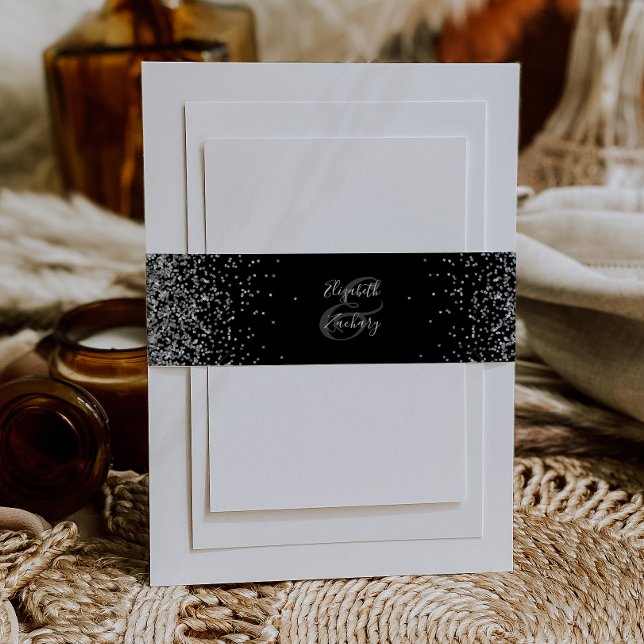 Elegant Black Silver Glitter Wedding Invitation Belly Band (Creator Uploaded)