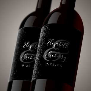 Elegant Black Silver Glitter Wedding Wine Label