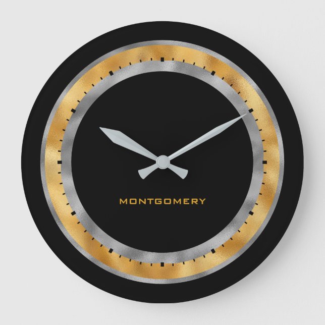 Elegant Black Silver Gold Foil Personalised Large Clock (Front)
