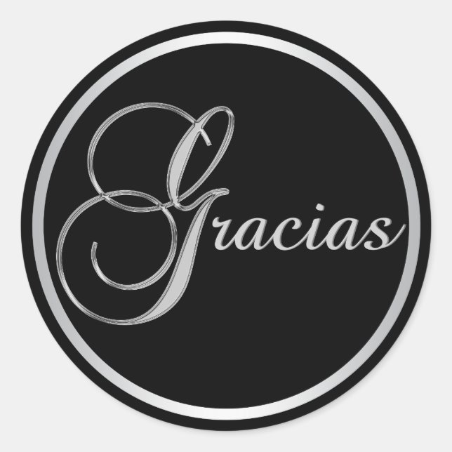 Elegant Black Silver GRACIAS Envelope Favour Classic Round Sticker (Front)