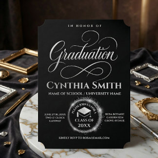 Elegant Black & silver Graduation  Invitation