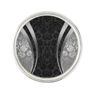 Elegant Black & Silver-Grey Floral Damasks Pattern Lapel Pin
